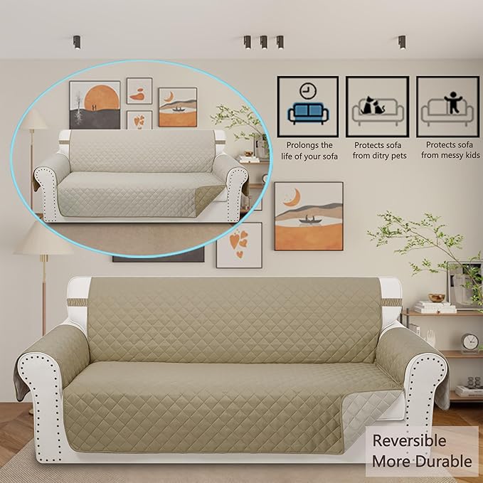 Reversible Sofa Covers Couch Cover Furniture Protector for Dogs Elastic Straps Water Resistant(Sofa,Camel/Beige)