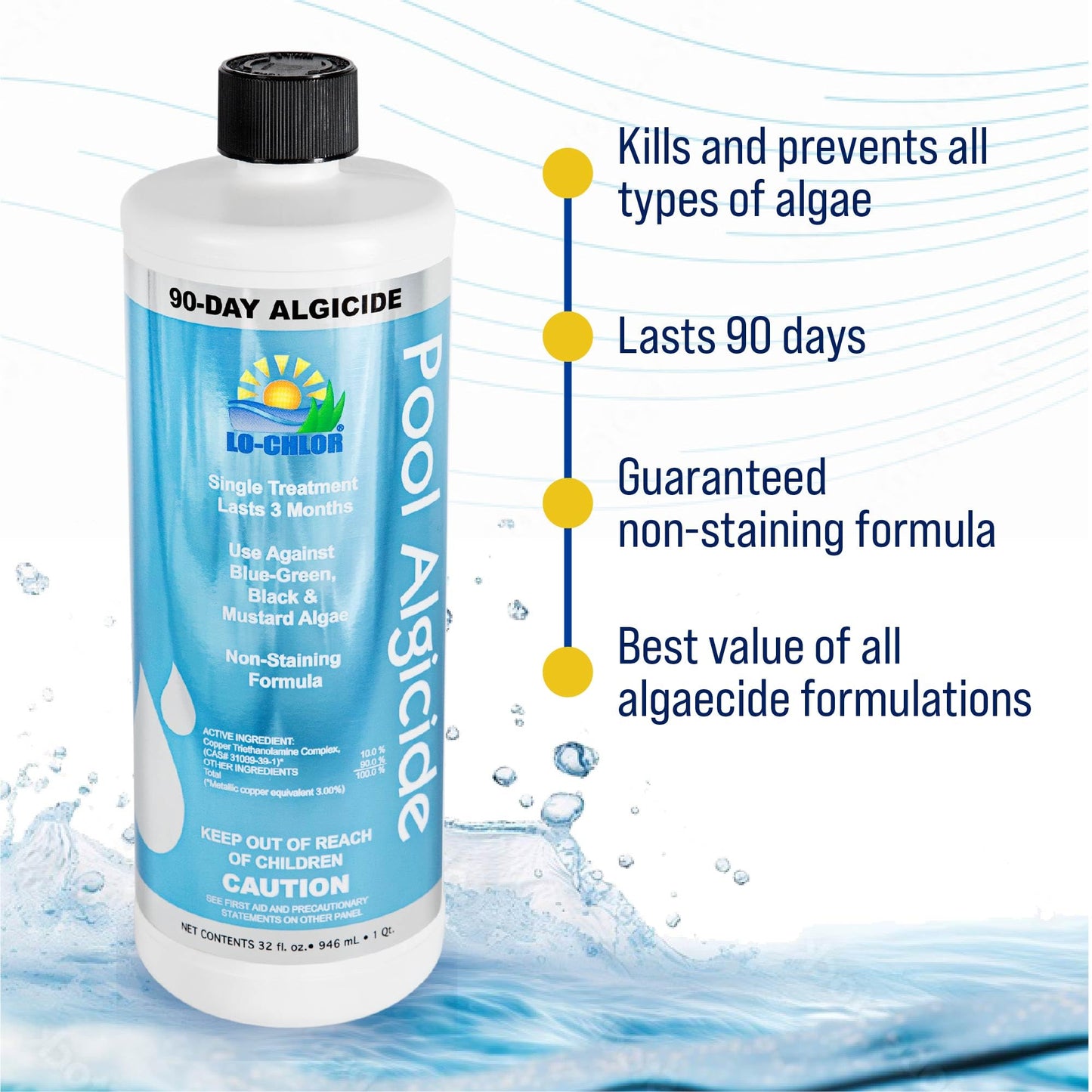 Lo-Chlor Pool Algaecide, 90-Day Single Treatment, Organo-Copper Complex, Black Mustard Green Algae Killer for Inground and Above Ground Swimming Pool, 32 oz, Treats 20,000 Gallons