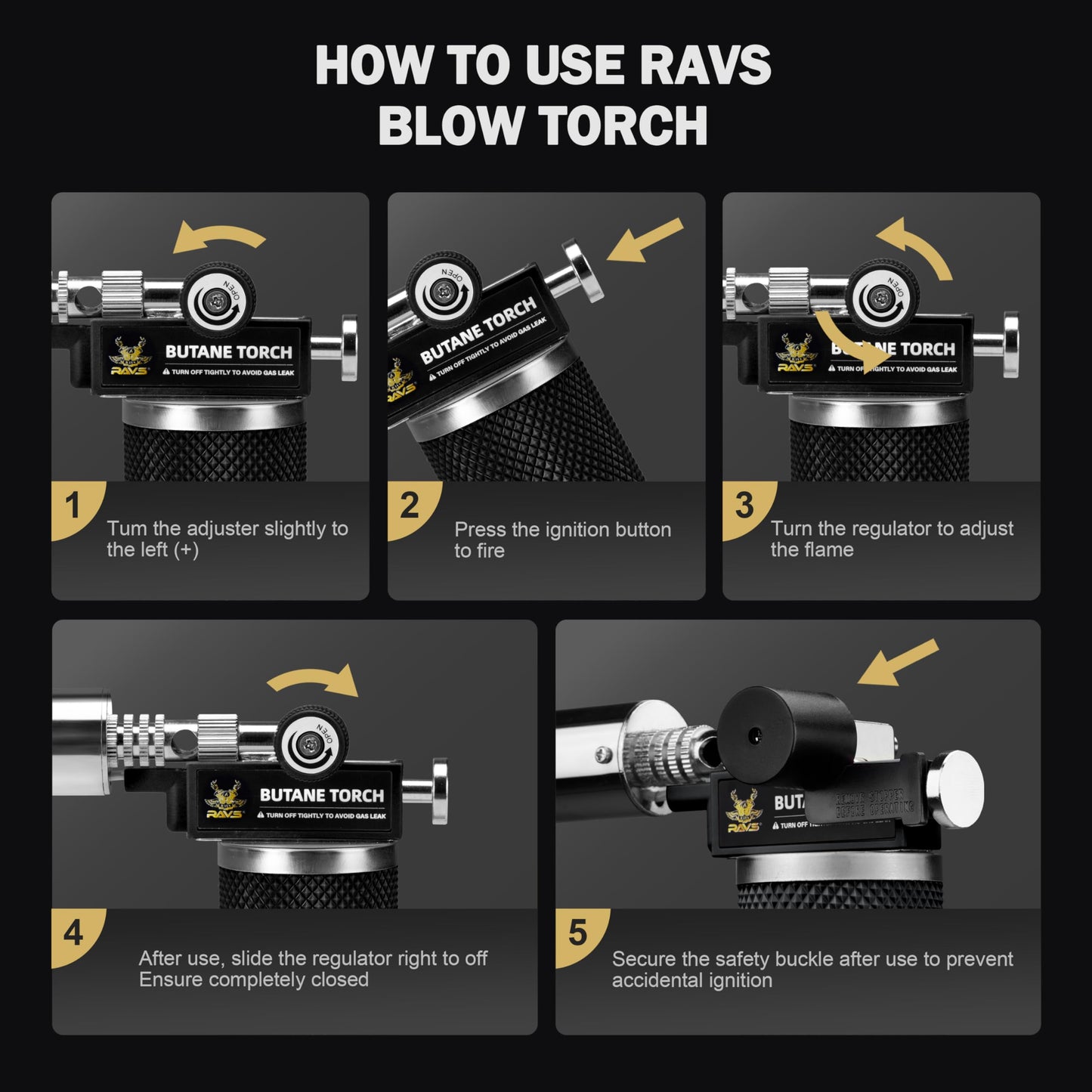 RAVS Butane Torch Lighter, Refillable Butane Kitchen Torch with Safety Lock and Adjustable Flame, Creme Brulee Torch for Baking, BBQ, Blow Torch for Cooking, Black, Butane Gas Not Included