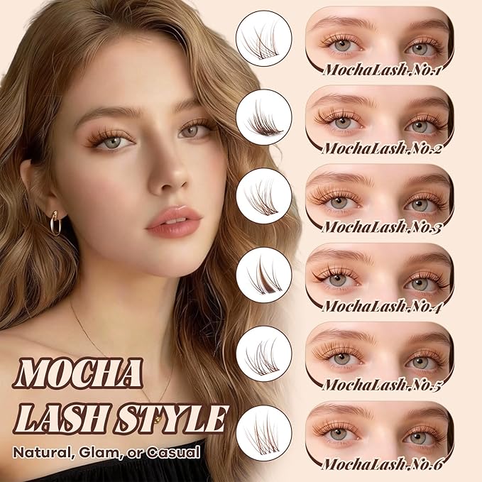 B&Q Brown Lash Clusters Kit Natural Mochalash Clusters 01, Brown Eyelash Clusters Kit C-Curl Cluster Eyelash Extensions 8-16mm Wispy Lash Eyelashes Kit for Fair/Dark Hair(Mochalash 01 Set)