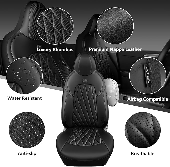 CAR PASS Nappa Leather High Back Front Seat Covers, Tesla Model 3 Model Y Breathable Faux Leather Front Bucket Seat Covers, Anti-Slip Airbag Compatible Universal Fit for Sedan SUV Van Truck, Black