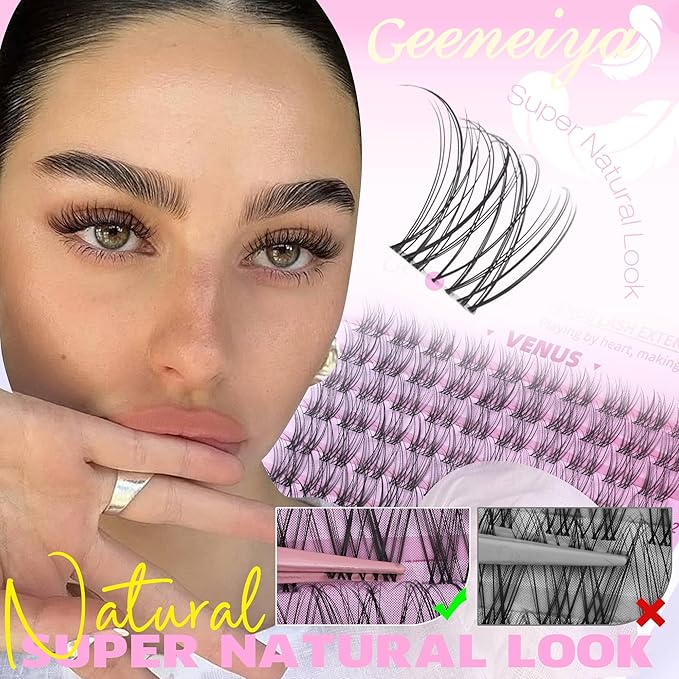 Geeneiya VENUS Lash Clusters, 10-16MM Invisible Natural Eyelash Clusters, Wispy Clear Band Cluster Lashes for Beginners, Waterproof Cluster Eyelash Extensions DIY Lashes (Not Kit)