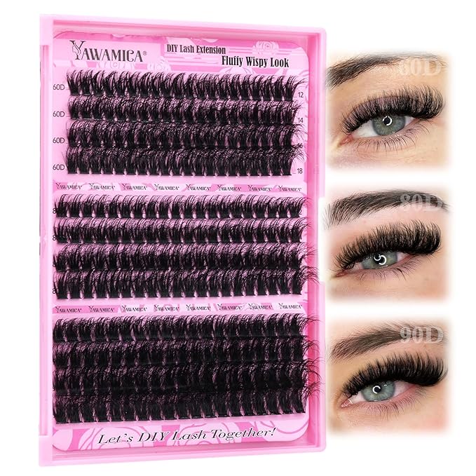 Yawamica Fluffier Eyelash Clusters Wispy Lash Extension 60D+80D+90D Thick Volume Individual Lashes D Curly 12-18mm Cluster Eyelash Extensions 240pcs DIY Lash by Self