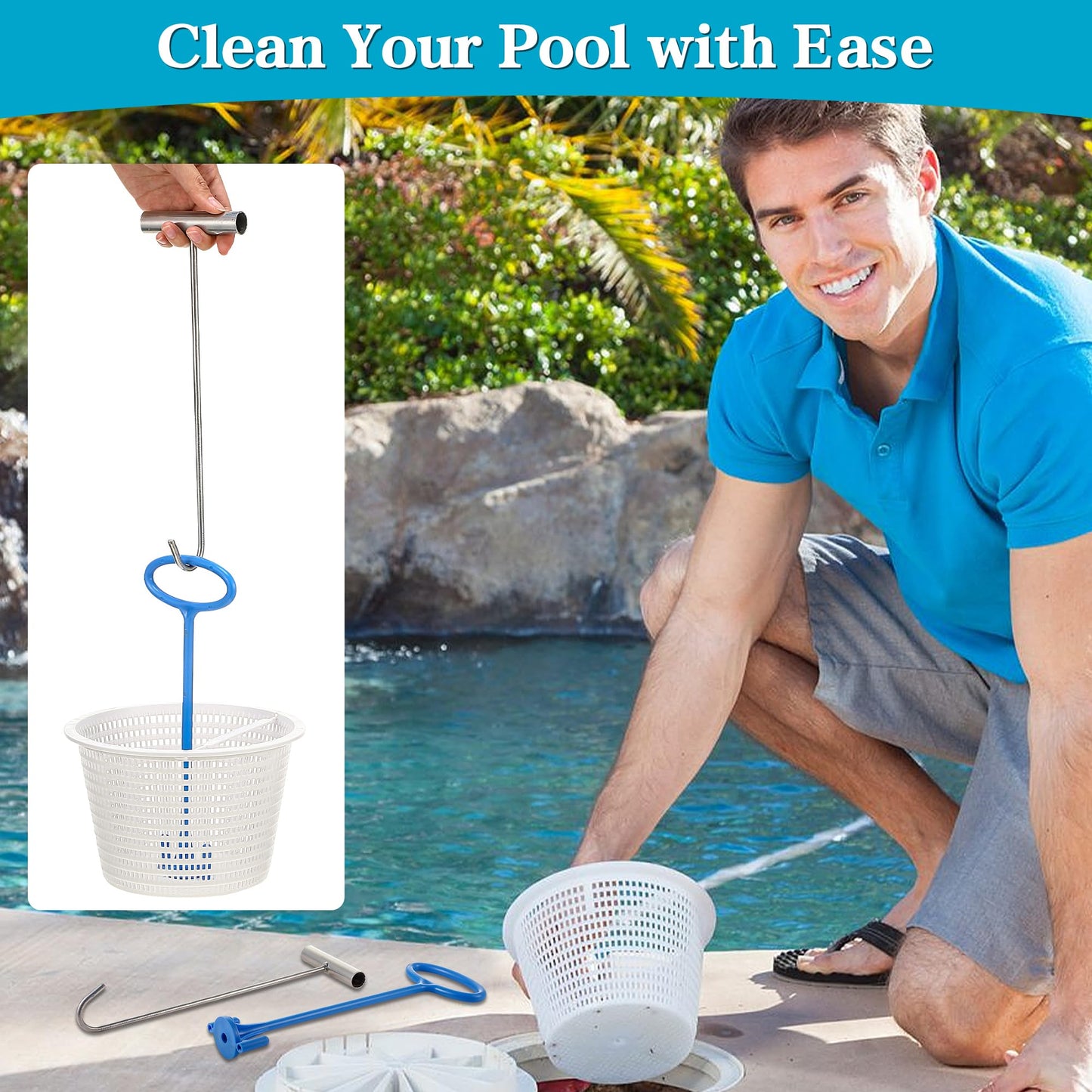 2 Set 8" Pool Skimmer Basket for Inground Pool with 2 Skimmer Baskets Handle and 1 Stainless Steel Hook, White Universal Pools Filter Basket Skimmers for Debris Removal, Keep Hands Clean