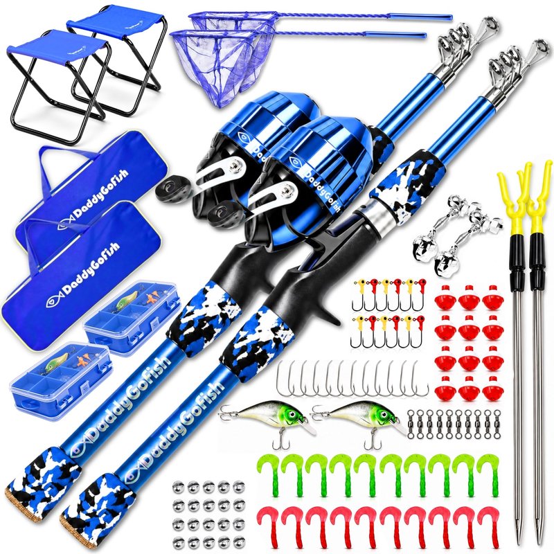 DaddyGoFish Kids Fishing Pole - Rod Reel Combo Tackle Box Starter Set - First Year Small Dock Gear Kit for Boys Girls Toddler Youth Age Beginner Little Children Junior Anglers (2 Pack Blue + Blue 4ft)