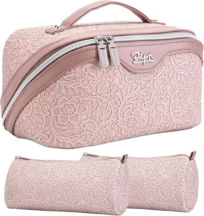 BOYATU Travel Makeup Bags Cosmetic Organizer Bag: 3-Set Large Capacity Make up Bag - PU Leather Toiletry Bags for Women - Wide Open Portable Pouch with Divider & Handle (A-Light Pink)