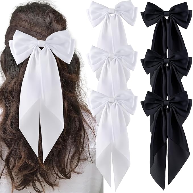 6Pcs Large Bows Hair Clips for Women Girls Long Tail Hair Ribbon Silky Satin Barrettes Coquette Hair Bows Accessories (Black/White)