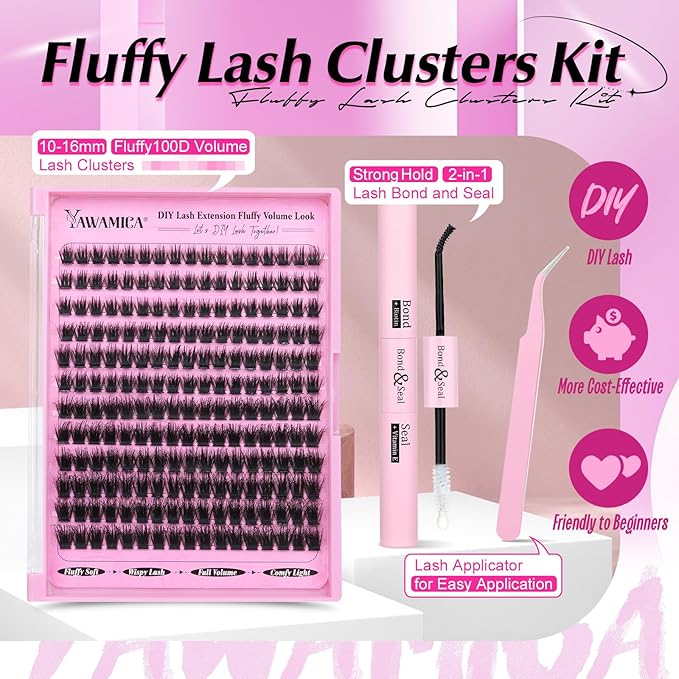 Fluffier Lashes Clusters Kit Wispy Individual Lashes 100D Volume Cluster Eyelash Extensions Kit 10-16mm D Curly Lash Extension Kit with Bond and Seal and Lash Tweezers DIY Eyelash Kit by Yawamica