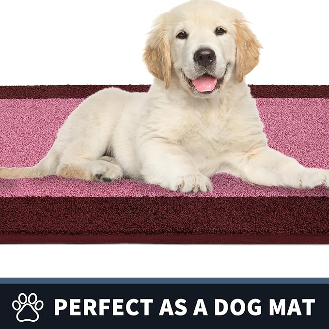 PURRUGS Dirt Trapping Door Mat 24" x 60", Non-Slip Washable Entry Mat, Dog Doormat, Front Door Mat, Super Absorbent Entrance Mat for Muddy Shoes & Paws, Pink & Burgundy Red