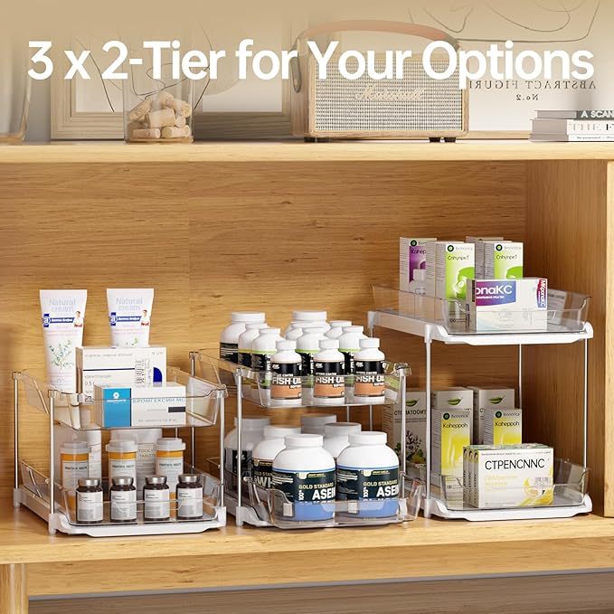 Delamu 2 Sets of 3-Tier Bathroom Under Sink Organizers and Storage, Multi-Purpose Stackable Pantry Organization and Storage, Pull Out Clear Kitchen Bathroom Cabinet Organizer with Movable Dividers | Storage, Multi-Purpose, Stackable, Pantry Organizatio...