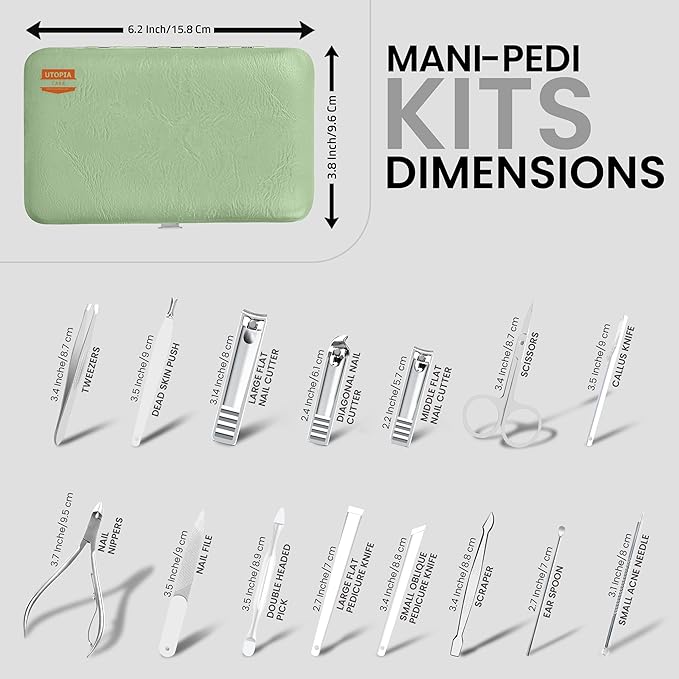 Utopia Care - Manicure Kit for Women and Men, Manicure Set with Nail Clippers or Nail Kit Includes Fingernail & Toenail Clippers,15-Pcs Pedicure Kit Stocking Stuffers with Travel Case - Green
