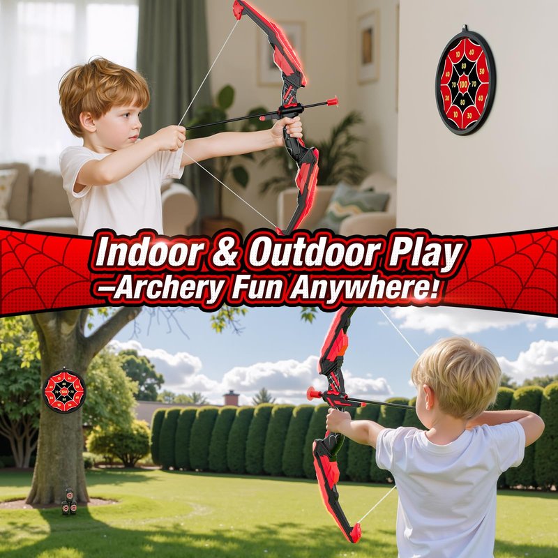 HYES Bow and Arrow for Kids, LED Light Up Archery Set with 12 Suction Cup Arrows, 1 Hanging Target, 3 Score Targets & 1 Quiver, Indoor Outdoor Sport Gifts for Boys Girls Ages 4-12, Black