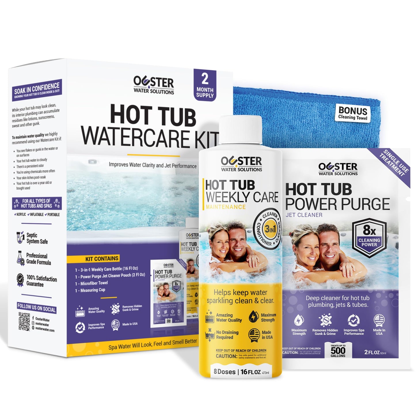Bio Ouster Hot Tub Chemicals Kit Complete Hot Tub Cleaner Kit with 3in1 Weekly Care, Power Purge Jet Cleaner, Towel, Measuring Cup for Standard and Inflatable Spas Made in USA
