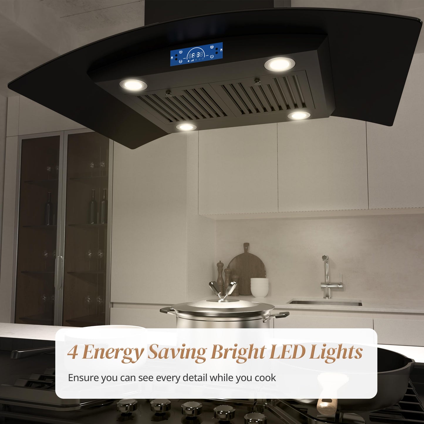 FIREGAS Black Island Range Hood 36 Inch, 700 CFM Ductless/Ducted Ceiling Mount Range Hood with 3 Speed Fan, Gesture, Remote & Touch Control, LED Light Vent Hood for Kitchen