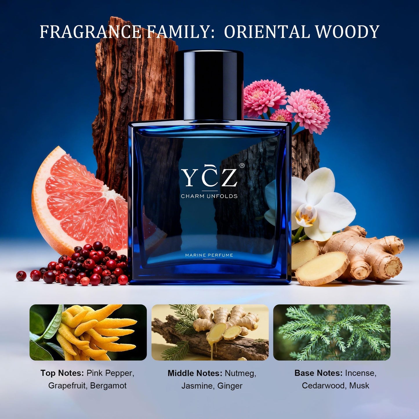 Ycz Charm Unfolds Marine Perfume for Men, 1.7 oz. Long Lasting Eau De Parfum Cologne For Men, Oriental Woody Fragrance - Ideal Special Occasions, Making it the Ideal gentlemen’s Gift