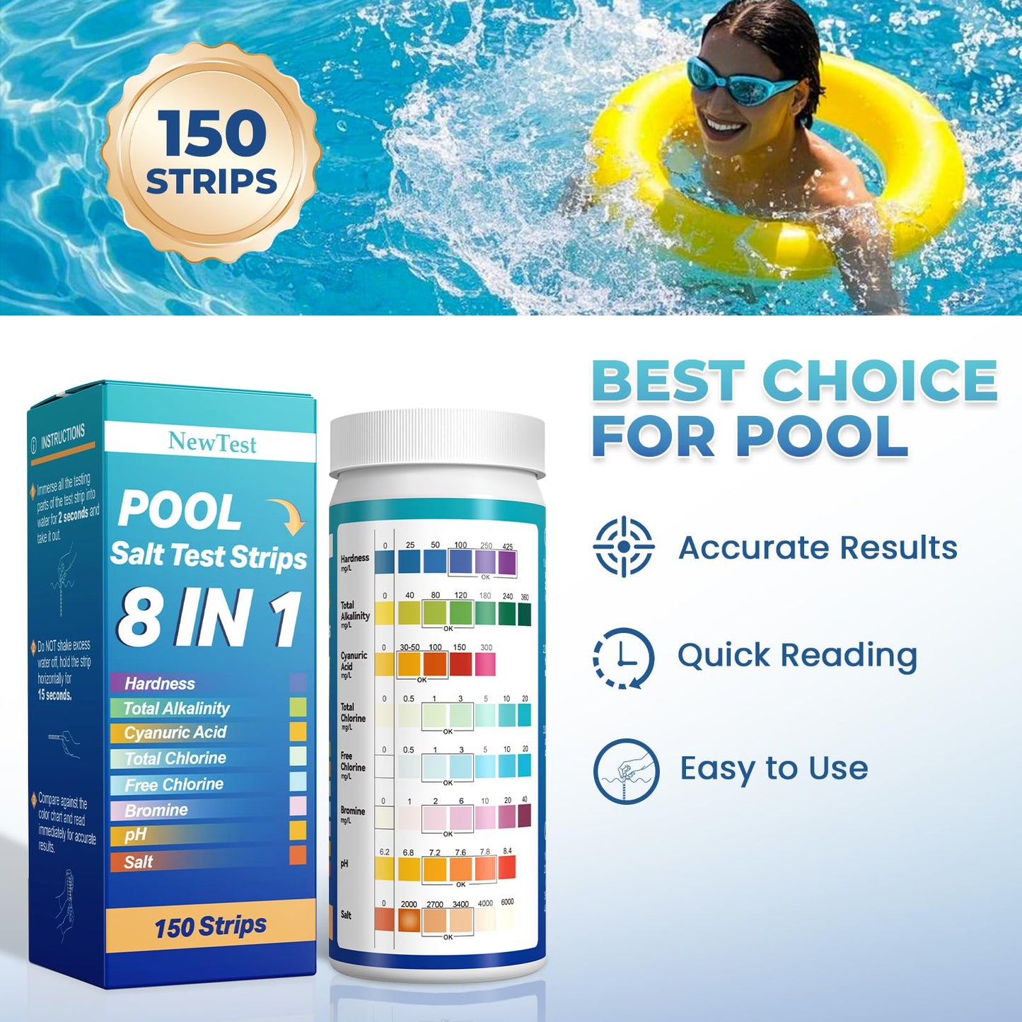 NewTest Pool Salt Test Strips: 150CT 8 in 1 Professional Pool Test Strips for Salt Water Pool & Hot Tub & Spa & Swimming Inground Pools - Quick Accurate Results Saltwater Pool Testing Kit