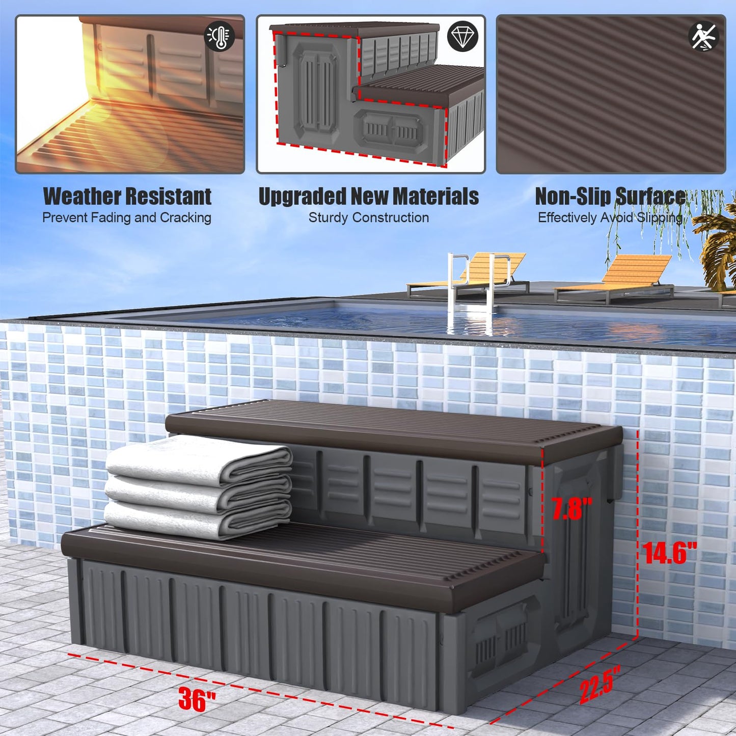 Hot Tub Steps, Outdoor Spa Steps with Storage, Non-Slip & Sturdy Hot Tub Stairs, 36 Inches Long