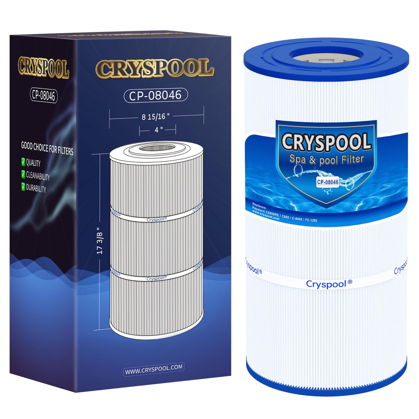 Cryspool® 08046 Filter Compatible with Hayward C900, CX900RE, C-900, PA90, Posi-Clear PXC-95, C-8409, Ultral-B6, PP-B6, FC-1292, 90 Sq. Ft Pool Filter Cartridge, 1 Pack