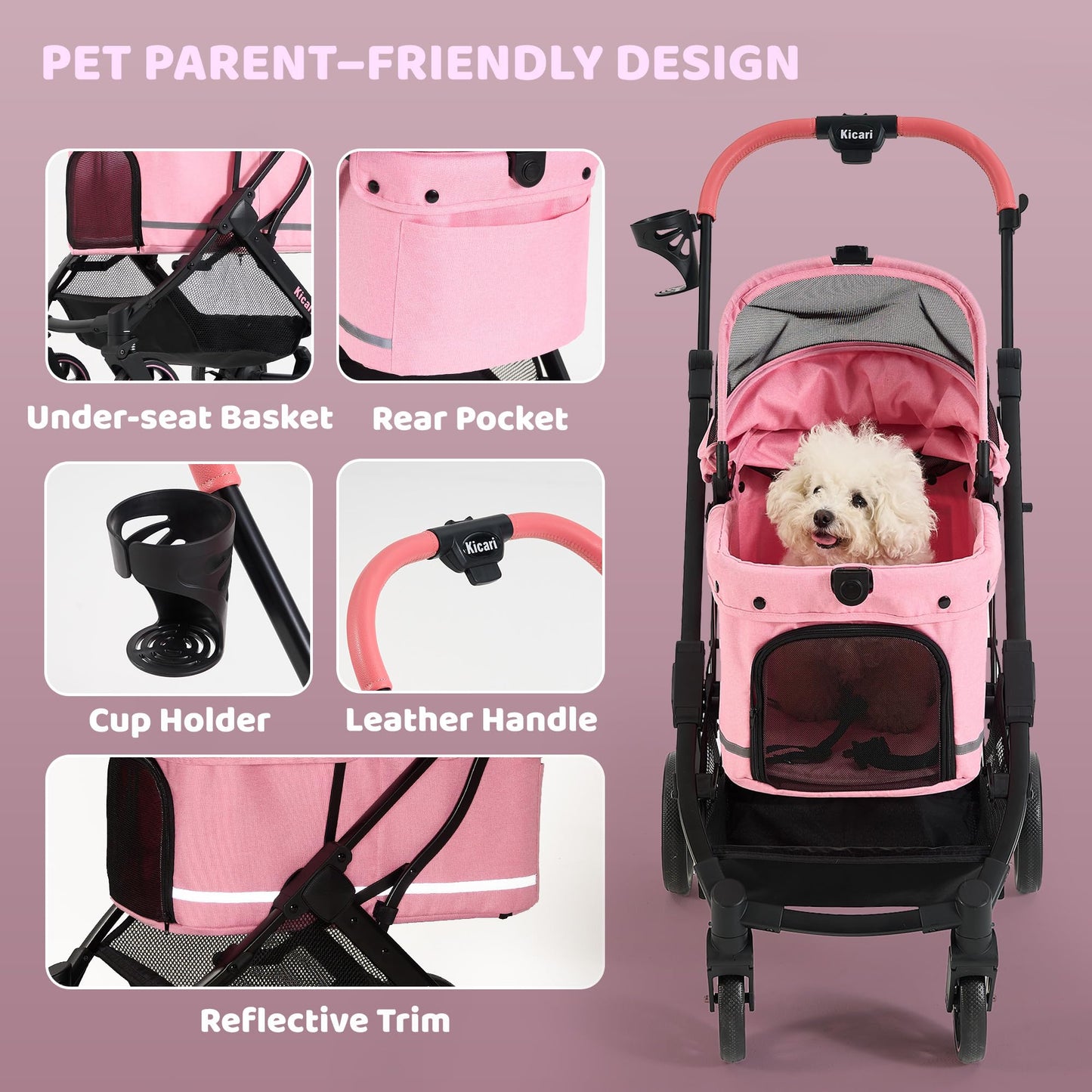 Kicari All-Terrain Dog Stroller for Small to Medium Dogs, Pet Stroller for Dogs & Cats Outdoor Walks, One-Hand Easy Fold, Double-Layer Anti-UV & Waterproof Canopy & Breathable Mesh, Sakura Pink