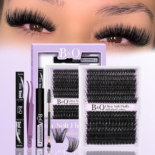B&Q Fluffy Lash Clusters Kit UltraSoft Cluster Eyelash Extensions, 100+150D Volume Eyelash clusters 10-18mm Lash Extension Kit, D Curl Individual Lashes kit with lash Applicator Tool (100+150D Set)