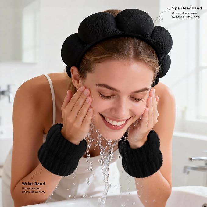 Real Perfection Spa Headband for Washing Face, Skincare Headband Wristband Set for Women, Reusable Machine-Washable Makeup Remover Towel Cloth, 1oz Small Spray Bottle with Travel Makeup Bag - Black