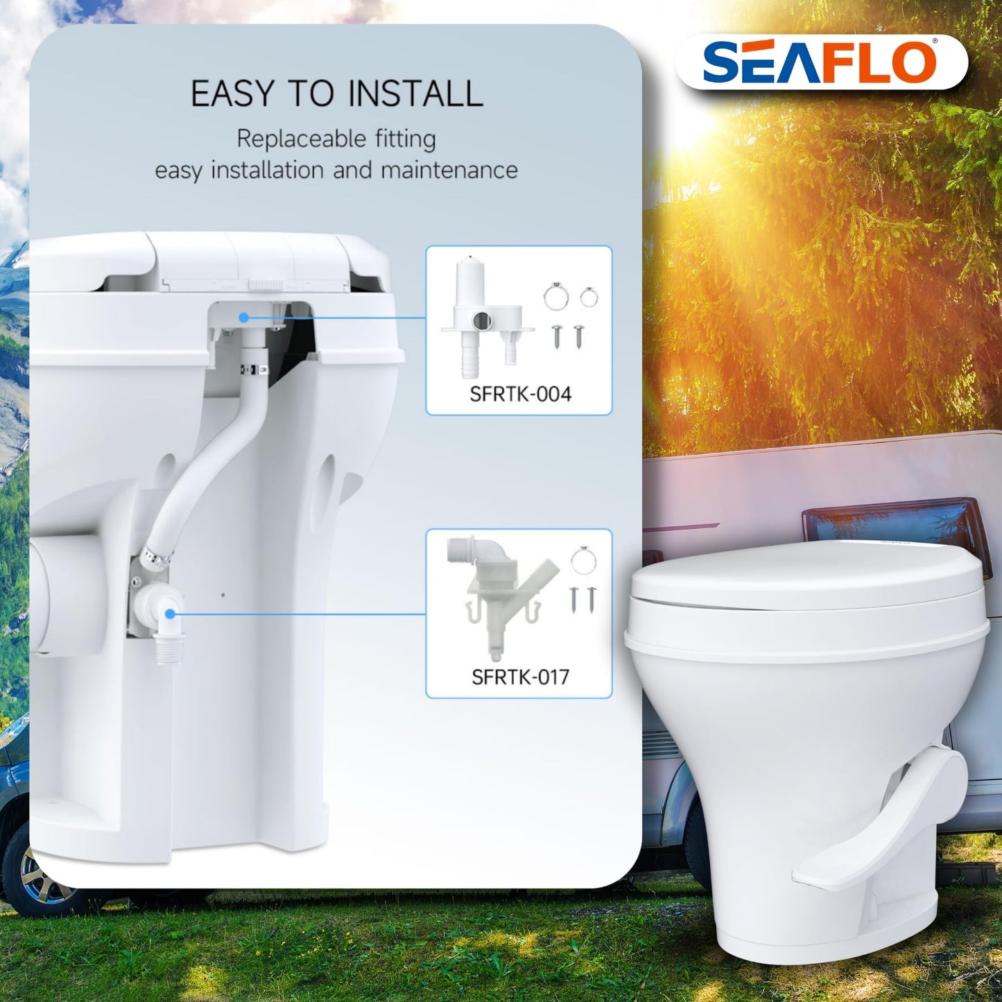 SEAFLO RV Toilet with Sprayer Attachment - White, 18.4” Residential Height, Gravity Flush Foot Pedal Camper Toilet Soft Close Seat Elongated Bowl Motorhome, 4-Year Warranty, SFRTPH-01-02