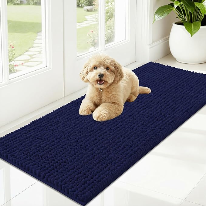 OLANLY Dog Door Mat for Muddy Paws 47x20, Ultra Absorbent Chenille Mud Doormat, Non-Slip Washable and Dirt Trapping Doormat for Indoor Entryway, Quick-Dry Indoor Pet Bed Mats for Dogs, Navy Blue