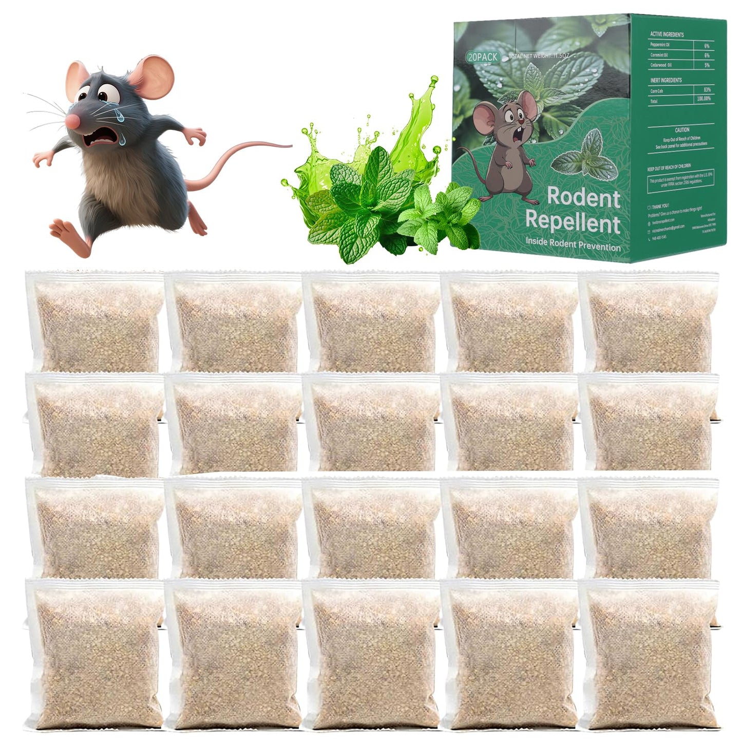 Mouse Rodent Repellent, 20 Pack Peppermint Lemon Oil Mice Repellent for Squirrel Rats Spider Pests, Natural Deterrent for Kitchen, Warehouse, Car, Indoor, Outdoor, Safe for Pets & Family