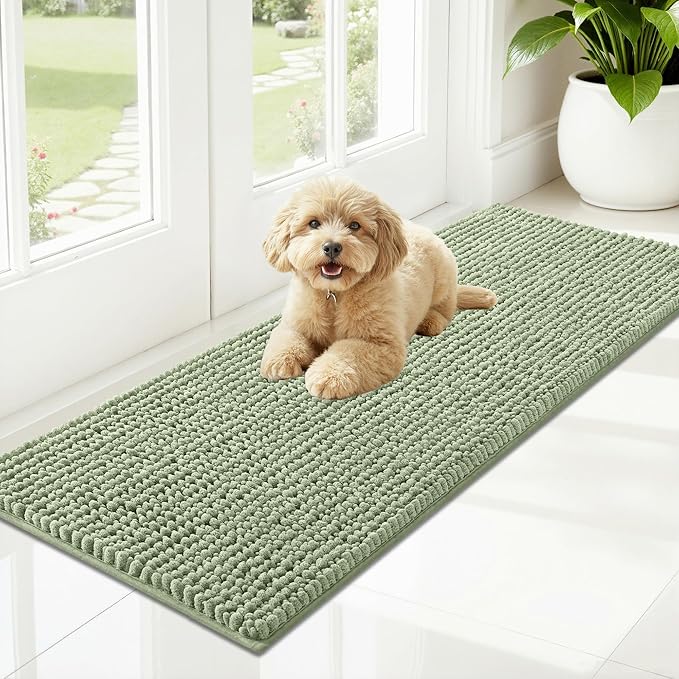 OLANLY Dog Door Mat for Muddy Paws 47x17, Ultra Absorbent Chenille Mud Doormat, Non-Slip Washable and Dirt Trapping Doormat for Indoor Entryway, Quick-Dry Indoor Pet Bed Mats for Dogs, Sage Green