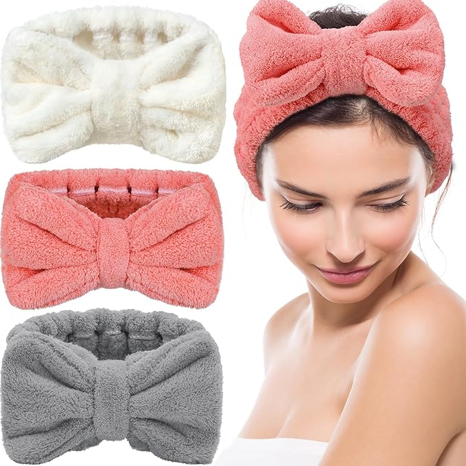 3 Pieces Towel Headbands for Women Makeup Headband for Washing Face Makeup Spa Headband, Microfiber Bowtie Shower Headband for Women (Light Coral, Grey, White)