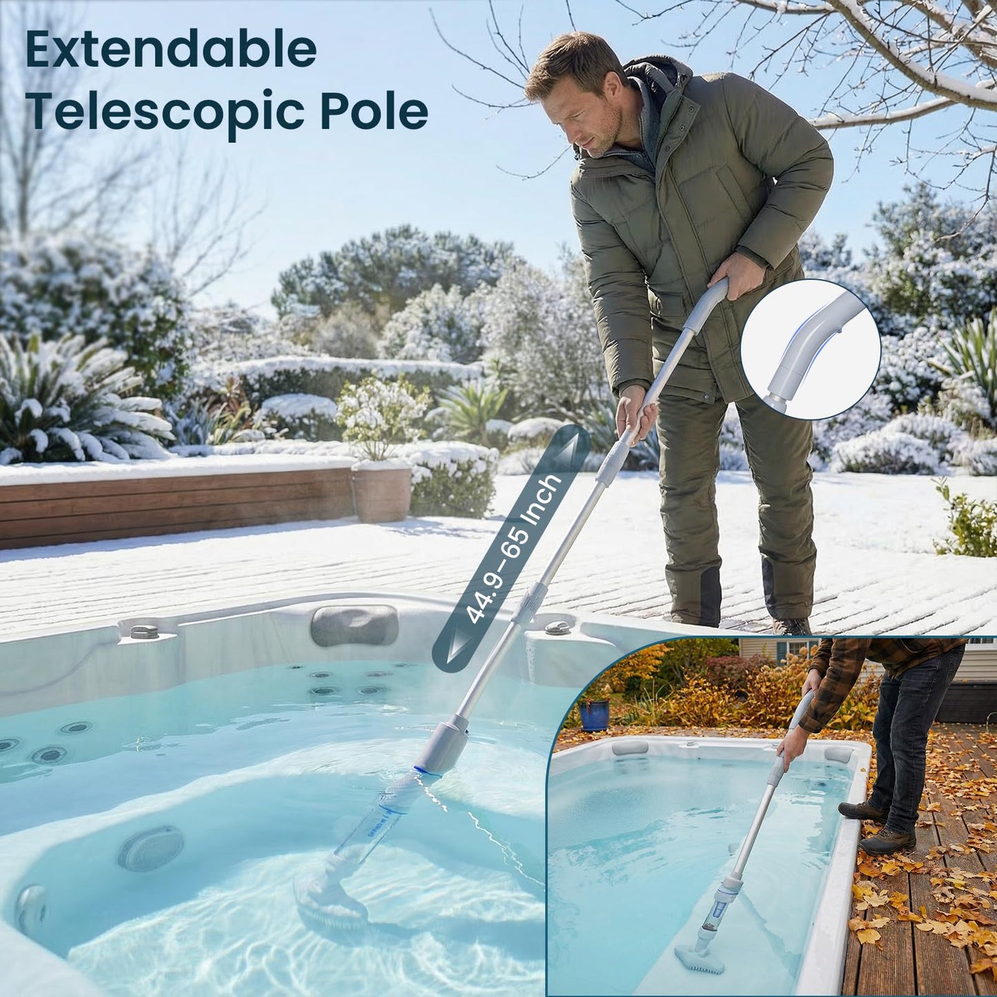 Handheld Spa Hot Tub Vacuum, Cordless Spa Vacuum Cleaner with 2 Brush Heads and Telescopic Pole, Up to 3 Hours of Runtime, Rechargeable Small Pool Vacuum for Above Ground Pool Inground Pools Hot Tubs