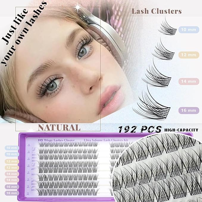 Wispy Lash Clusters Kit, Natural Lash Cluster Eyelash Extensions 192 Pcs C Curl 10-16mm Individual Fluffy False Eyelashes Thin Band DIY Kit for Beginners at Home with Bond Seal Remover Tweezers Brush