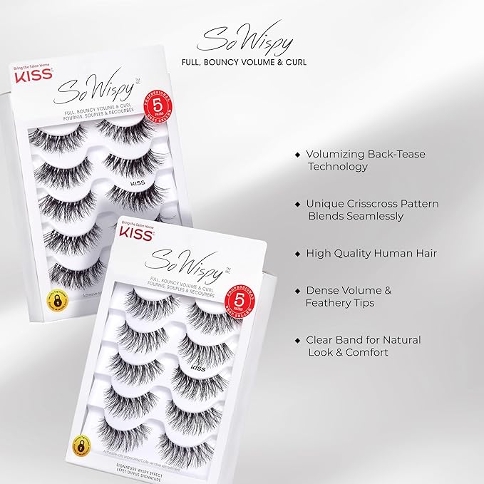 Kiss So Wispy, False Eyelashes, 'Pompadour', 16mm, Includes 5 Pairs Of Lashes, Easy to Apply, Reusable Lash Clusters