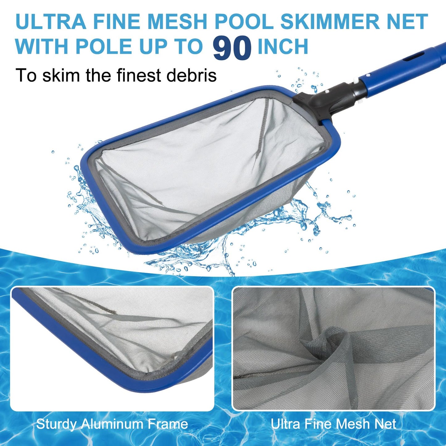 Pool Cleaning Kit, 14.5'' Pool Brush Head & Ultra Fine Mesh Pool Skimmer Net with Pole, Aluminum Frame Pool Net Skimmer & Pool Brush with Pole,Pool Net & Pool Brushes for Cleaning Pool Walls with Pole
