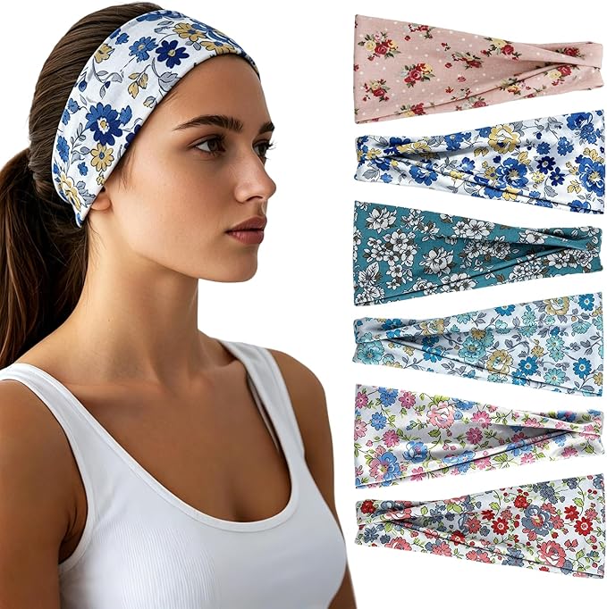 Headbands for Women - 6 Pack Wide Elastic Hair Bands | Stretchy Sweatbands Hair Bands | Soft Sports Thin Head Bands | Non-Slip Accessories Bands for Fashion, Washing Face, Workouts, Yoga, Daily Use