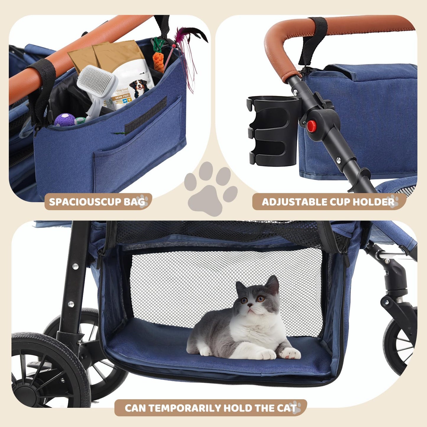 All-Terrain Pet Stroller for 2 Small Dogs/Cats, Heavy Duty 4-Wheel Dog Stroller for Medium Dogs up to 20 lbs, Foldable Pet Pram with Storage Basket, Cup Holder, Adjustable Handle & Weatherproof Cover