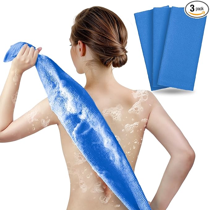 ARCH&M Exfoliating Shower Towel – 35-Inch Japanese-Style Back Scrubber for Shower, Textured Poly Nylon Body Exfoliating Washcloth for Back Acne, KP & Ingrown Hairs, Quick-Dry, 3 Pack (Navy-Blue x 3)