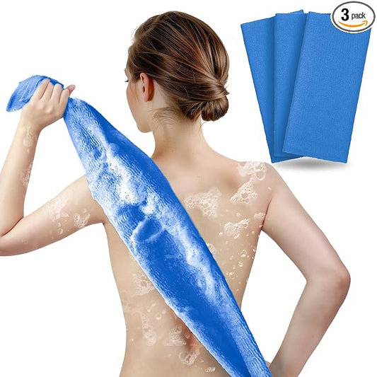 ARCH&M Exfoliating Shower Towel – 35-Inch Japanese-Style Back Scrubber for Shower, Textured Poly Nylon Body Exfoliating Washcloth for Back Acne, KP & Ingrown Hairs, Quick-Dry, 3 Pack (Navy-Blue x 3)