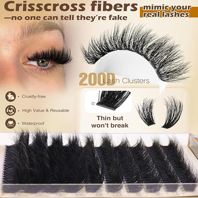 Focipeysa Lash Extension Kit Thick Eyelash Extension Kit 10-18mm Fluff Volume Lash Clusters 200D Individual Eyelashes Kit with Lashes Bond, Lashes Remover, Lash Tweezers, DIY Lash Extension