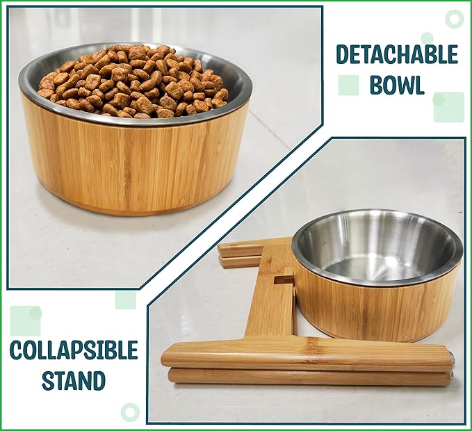 Elevated Dog Bowls for Large Breed - (15-Inch High) Raised Food/Water Bowl with Stand - Bamboo-Steel, Dry/Wet Food Suitable