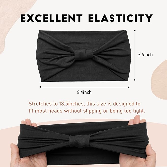 2 Pack Black Wide Headbands for Women - Thick Stretchy Non Slip Fabric Sweat Bands, Soft Hair Bands for Workout, Running, Spa, Makeup & Washing Face