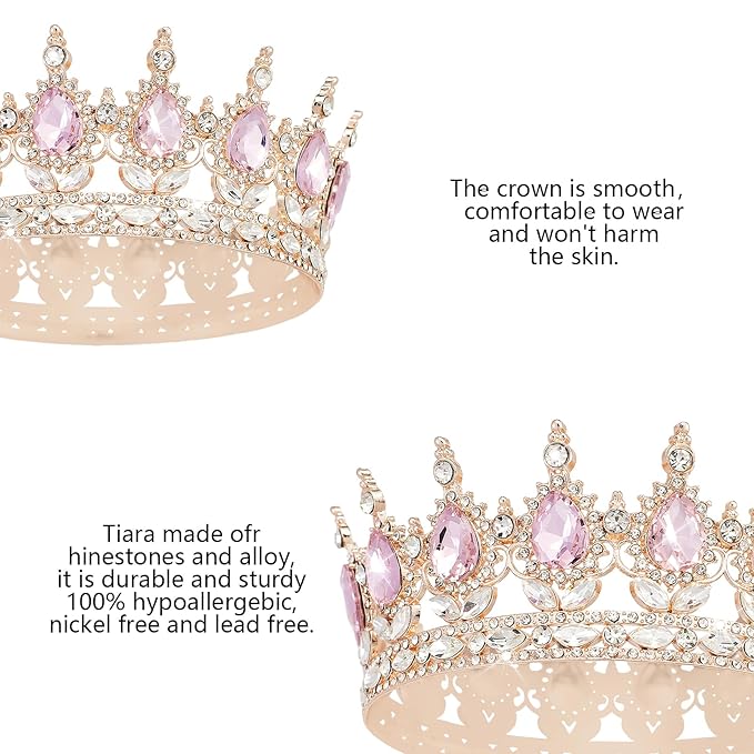 YOUlDIANZI Queen Crown Rhinestone Wedding Crowns and Tiaras for Women Costume Party Hair Accessories Princess Birthday Crown Crystal BridalCrown(Rose Gold Pink Crown)