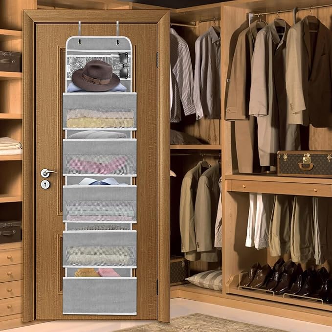 Sturdiness Over The Door Organizer, 6 Tiers Anti Tilt Hanging Behind Door Storage, Heavy-Duty Reinforced Mesh Rack Holds 44lb for Bathroom,Pantry, Nursery,Closet, Shoes, Towels,Grey
