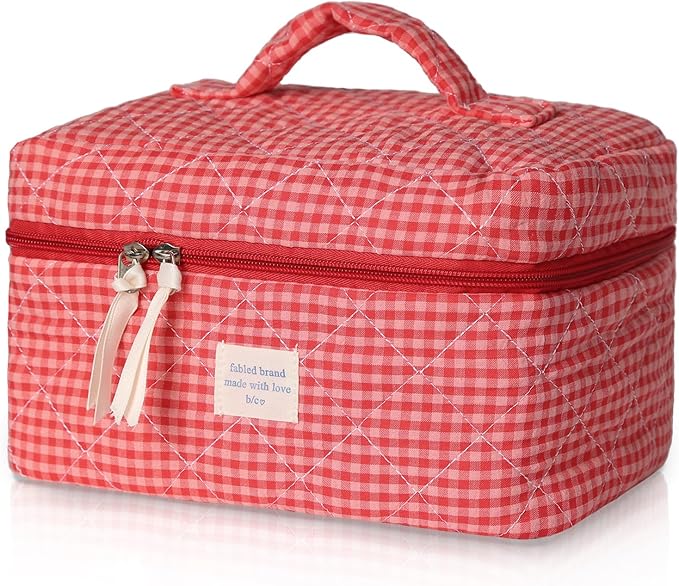 Large Makeup Bag, Cute Cosmetic Bag for Women Girls, Floral Coquette Aesthetic Toiletry Bag, Travel Make Up Organizer Bag(Red Checkered)