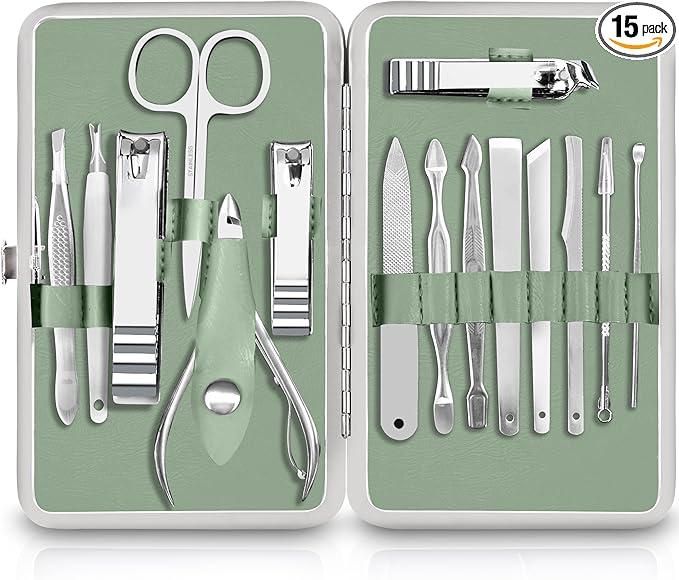 Utopia Care - Manicure Kit for Women and Men, Manicure Set with Nail Clippers or Nail Kit Includes Fingernail & Toenail Clippers,15-Pcs Pedicure Kit Stocking Stuffers with Travel Case - Green