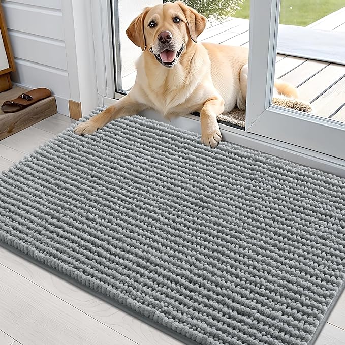 OLANLY Dog Door Mat for Muddy Paws 36x24, Ultra Absorbent Chenille Mud Doormat, Non-Slip Washable and Dirt Trapping Doormat for Indoor Entryway, Quick-Dry Indoor Pet Bed Mats for Dogs, Grey