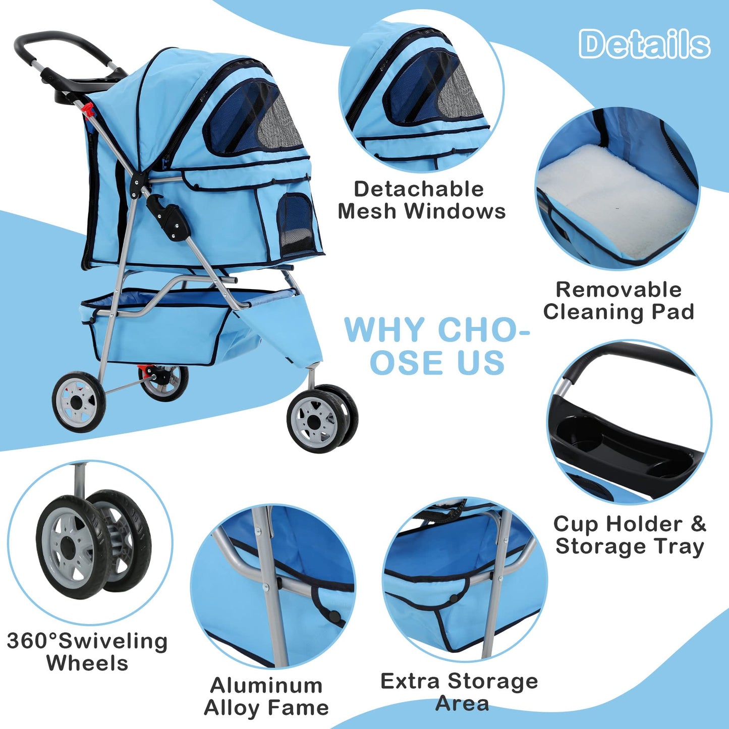 3 Wheels Dog Stroller, Foldable Pet Stroller for Small Medium Dogs, Portable Breathable Cat Stroller Dog Strollers with Storage Basket, Cup Holders, Removable Liner for Travel & Outdoor Use, Blue