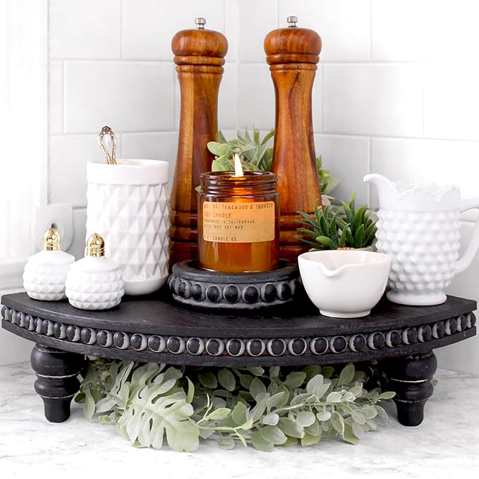 Corner Pedestal Stand Rustic Decor Riser for Display - Farmhouse Wood Rounded Beaded Tray for Kitchen and Bathroom Countertop Organizer, Coffee Bar, Plant Stand with Removable Feet (Rustic Black)