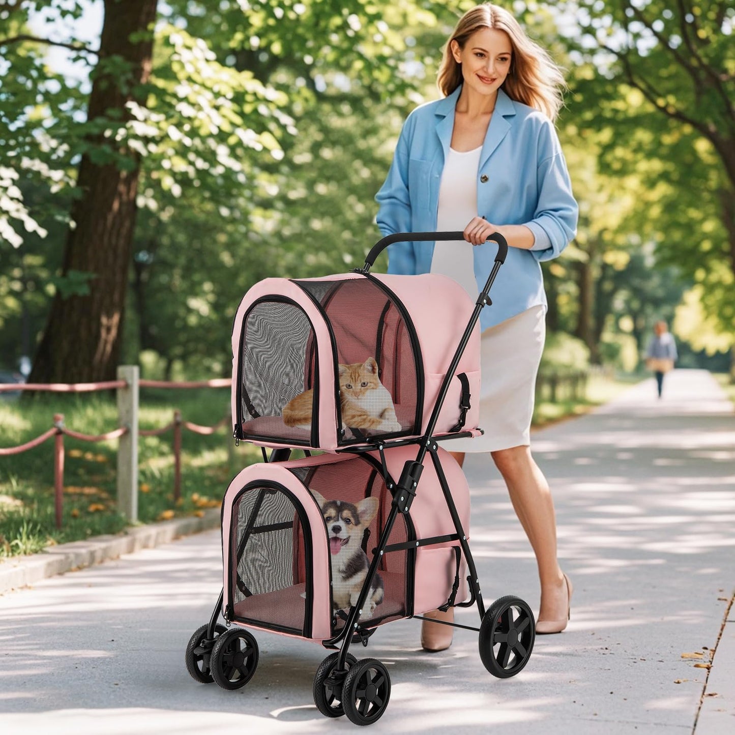 Giantex Double Pet Stroller with 2 Detachable Carrier Bags, Safety Belt, 4 Lockable Wheels, Folding Cat & Dog Stroller for Small Medium Pets, Cats Dogs Puppy Travel Strolling Cart (Pink)