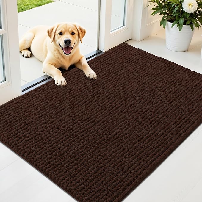 OLANLY Dog Door Mat for Muddy Paws 44x32, Ultra Absorbent Chenille Mud Doormat, Non-Slip Washable and Dirt Trapping Doormat for Indoor Entryway, Quick-Dry Indoor Pet Bed Mats for Dogs, Brown